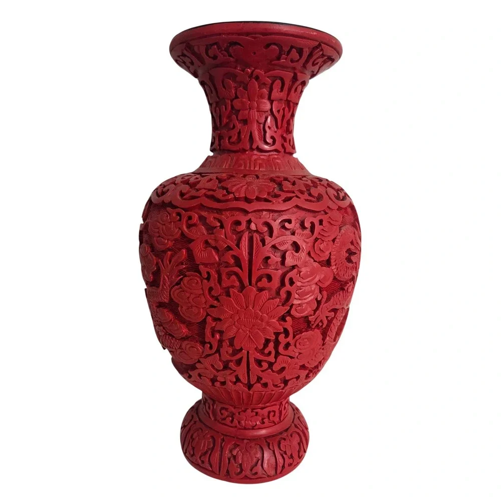 Vintage Chinese Cinnabar Red Carved Resin Vase Dragon Phoenix Oriental Decor